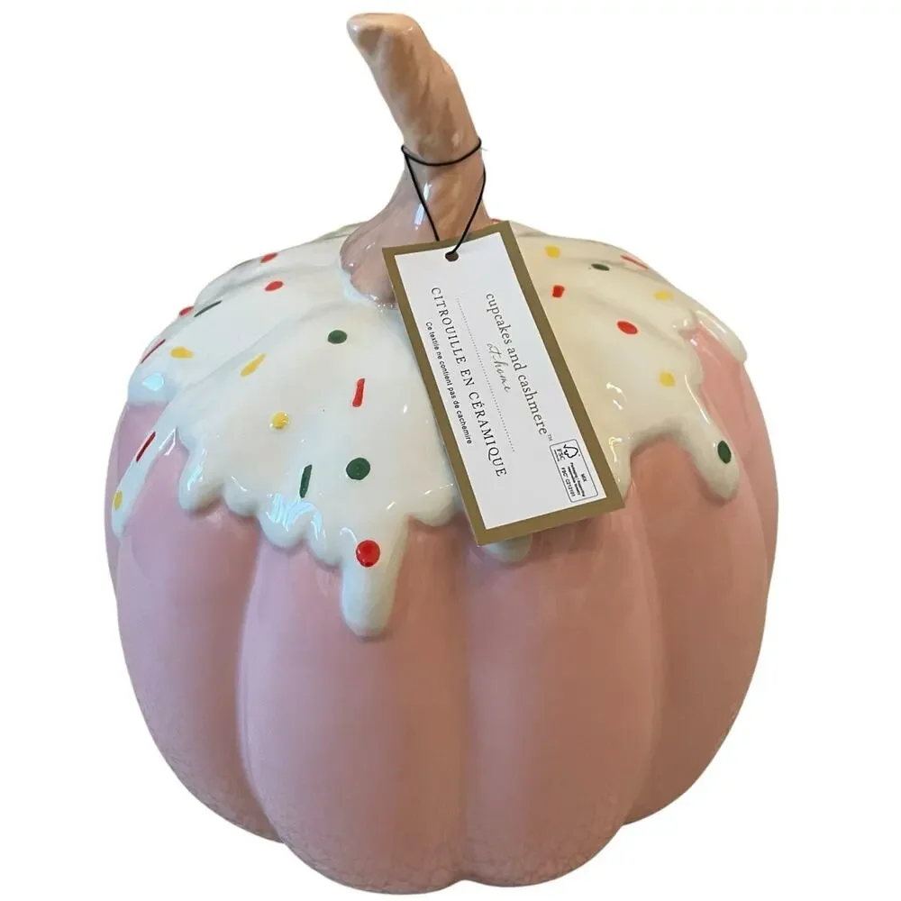 Frosted Sprinkle PINK Cupcake Ceramic Halloween Pumpkin 9.5